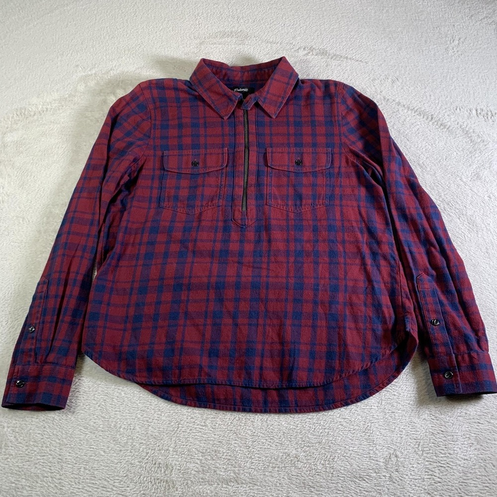 Madewell Shirt Womens M Red Blue Plaid Flannel Half Zip Popover Long Sleeve